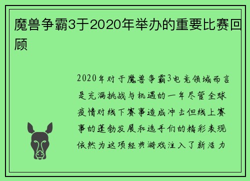 魔兽争霸3于2020年举办的重要比赛回顾