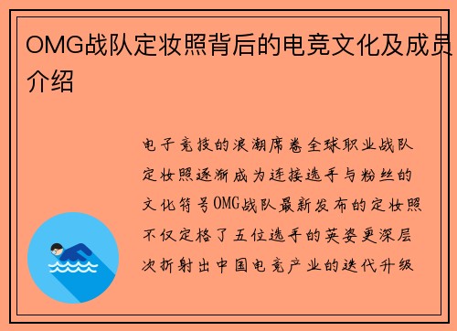 OMG战队定妆照背后的电竞文化及成员介绍