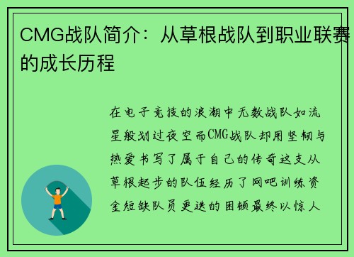 CMG战队简介：从草根战队到职业联赛的成长历程